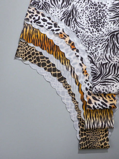 SHEIN 8pcs/Set Women's Seamless Leopard Print & Solid Color Wavy Trim Comfortable Smooth Fabric Triangle Panties