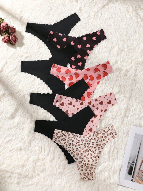 SHEIN 8pcs/Set Women's Seamless Leopard Print & Solid Color Wavy Trim Triangle Panties, Comfortable Smooth Fabric