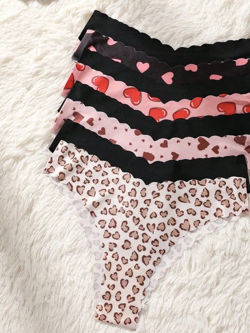 SHEIN 8pcs/Set Women's Seamless Leopard Print & Solid Color Wavy Trim Triangle Panties, Comfortable Smooth Fabric
