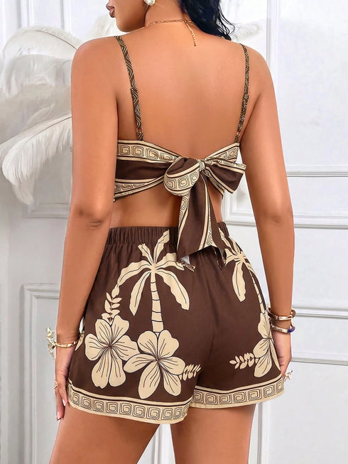 SHEIN AIJ Amarilo Women's Bohemian Tropical Print 2-Piece Set, Spaghetti Strap Backless Crop Top And Elastic Waist Shorts, Summer Beach Vacation Outfit Brown