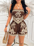 SHEIN AIJ Amarilo Women's Bohemian Tropical Print 2-Piece Set, Spaghetti Strap Backless Crop Top And Elastic Waist Shorts, Summer Beach Vacation Outfit Brown