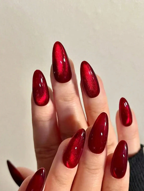Aesthetic Blood-Red Crystal Cat Eye Press On Nails Long Almond Red Cat Eye Acrylic False Nails