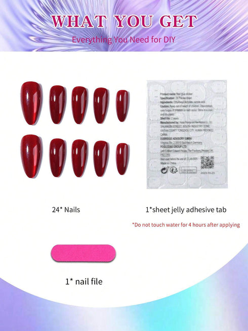 Aesthetic Blood-Red Crystal Cat Eye Press On Nails Long Almond Red Cat Eye Acrylic False Nails