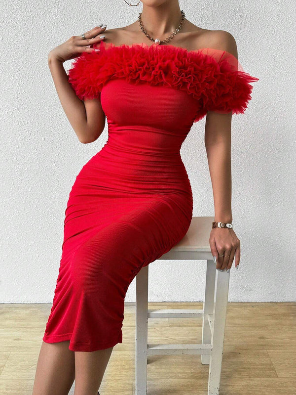 Almamuse Solid Color Off Shoulder Mesh Splicing Bodycon Dress