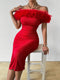 Almamuse Solid Color Off Shoulder Mesh Splicing Bodycon Dress