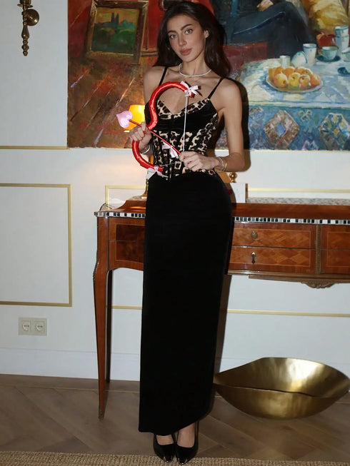 SHEIN Aloruh Sexy Contrast Leopard Print Long Velvet Ruched Dress