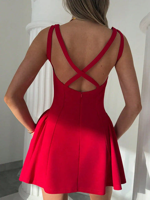 SHEIN Solid Color Hollow-Out Red Simple Mini Red Dress