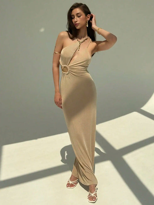 SHEIN Aloruh Women's Sexy Deep V Asymmetric Dress