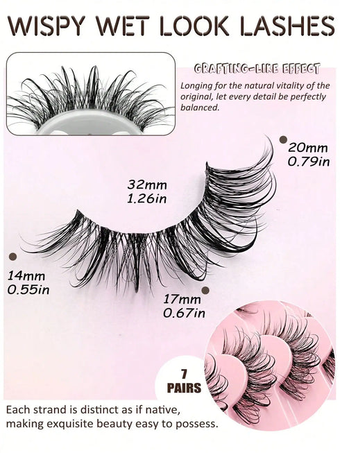 Asiteo 7 Pairs Manga Wispy Natural Wet Look Eyelashes