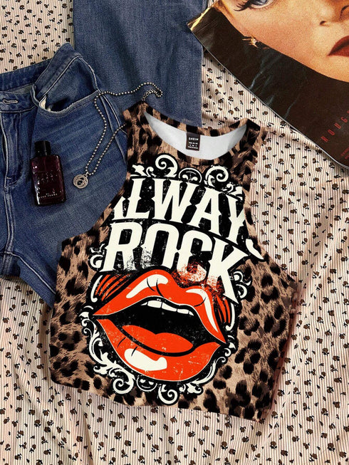 تيشيرت نسائي بدون أكمام بطبعة جلد النمر الكلاسيكية من SHEIN Attitoon Always Rock