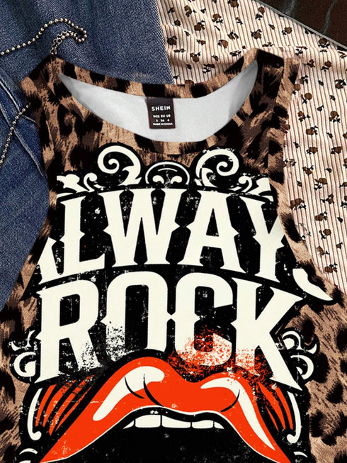 تيشيرت نسائي بدون أكمام بطبعة جلد النمر الكلاسيكية من SHEIN Attitoon Always Rock