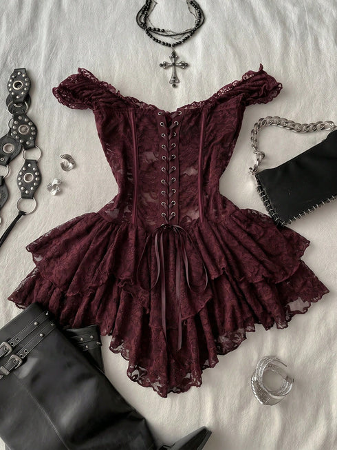 SHEIN Attitoon Women's Casual Retro Corset Lace Bodycon Asymmetrical Hem Mini Dress, Suitable For Y2K,Dresses For Women Summer