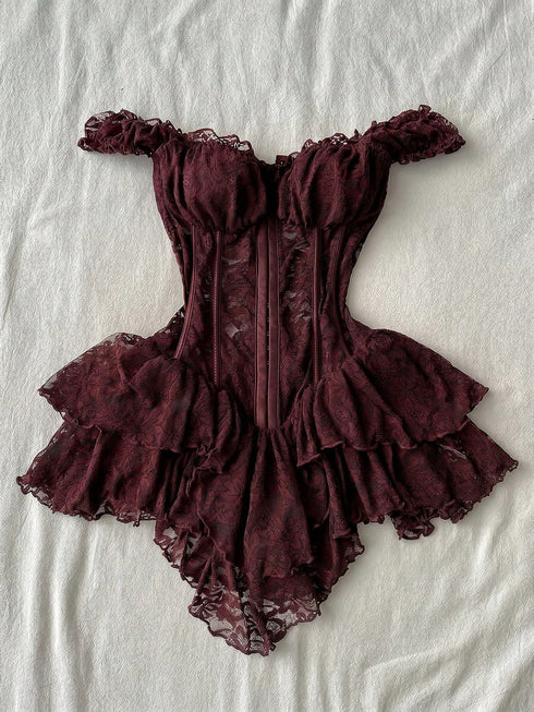 SHEIN Attitoon Women's Casual Retro Corset Lace Bodycon Asymmetrical Hem Mini Dress, Suitable For Y2K,Dresses For Women Summer
