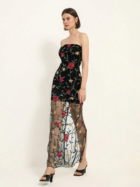 SHEIN Aveloria Rosie Elegant Romantic Heavy Lace Mesh Long Dress
