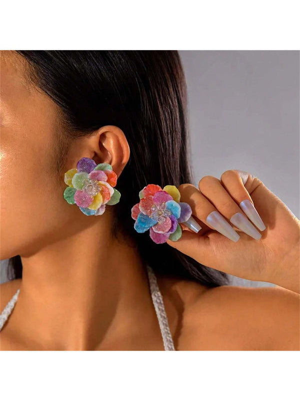 sh1 Pair Sweet Earrings Colorful Resin Flower Stud Earrings