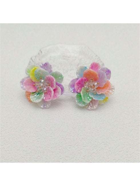 sh1 Pair Sweet Earrings Colorful Resin Flower Stud Earrings