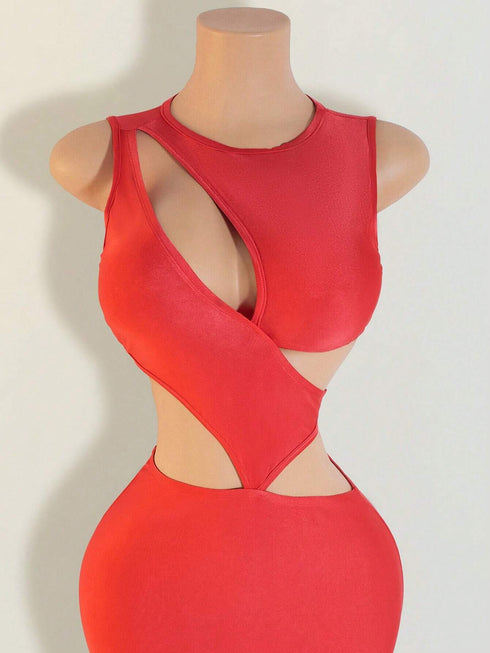 SHEIN Summer Sexy Solid Color Hollow Out Fitted Dress