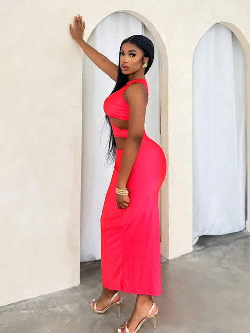 SHEIN Summer Sexy Solid Color Hollow Out Fitted Dress