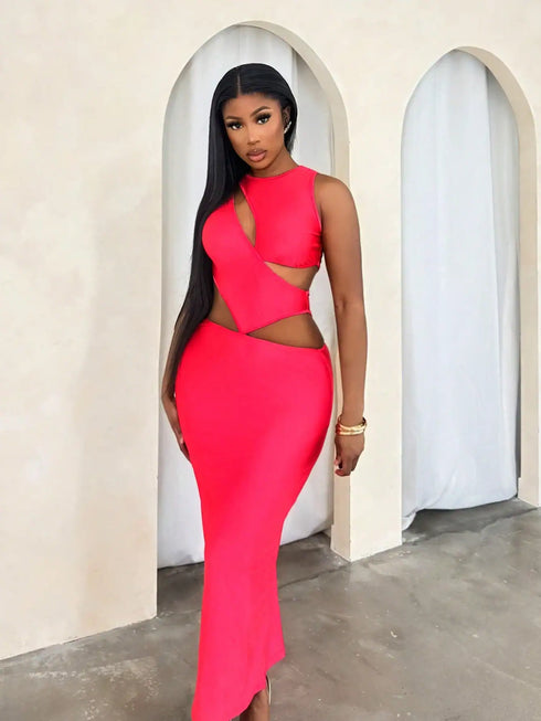 SHEIN Summer Sexy Solid Color Hollow Out Fitted Dress