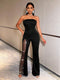SHEIN BamGleam Women's Rhinestone Mesh Splice Strapless Jumpsuit
