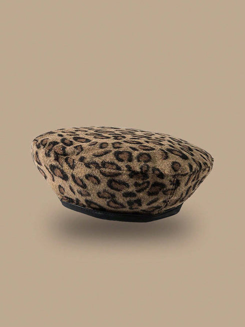 Boho Leopard Print Pattern Contrast Binding Beret