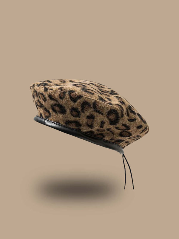 Boho Leopard Print Pattern Contrast Binding Beret