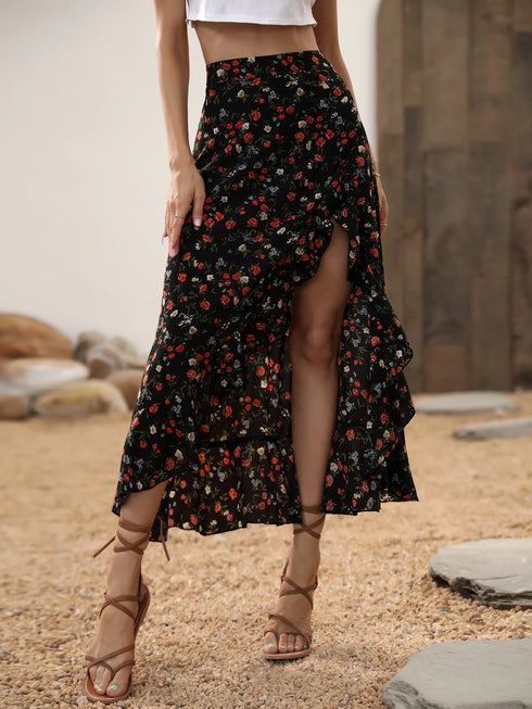 SHEIN Breezaya Women's Black Floral High Waist Asymmetrical Hem Skirt,Ditsy Print Ruffle Trim Split Thigh Long Skirts,Summer Boho Vacation Holiday Casual Daily Wear