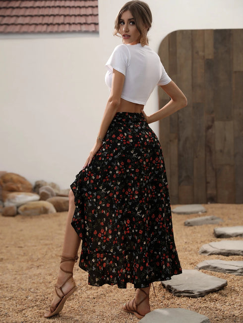 SHEIN Breezaya Women's Black Floral High Waist Asymmetrical Hem Skirt,Ditsy Print Ruffle Trim Split Thigh Long Skirts,Summer Boho Vacation Holiday Casual Daily Wear