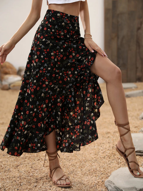 SHEIN Breezaya Women's Black Floral High Waist Asymmetrical Hem Skirt,Ditsy Print Ruffle Trim Split Thigh Long Skirts,Summer Boho Vacation Holiday Casual Daily Wear
