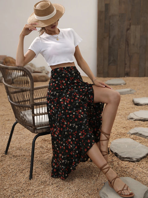 SHEIN Breezaya Women's Black Floral High Waist Asymmetrical Hem Skirt,Ditsy Print Ruffle Trim Split Thigh Long Skirts,Summer Boho Vacation Holiday Casual Daily Wear