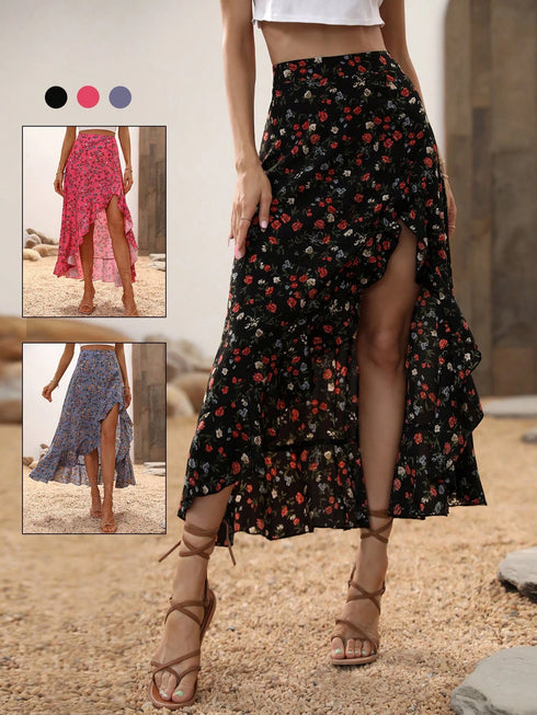 SHEIN Breezaya Women's Black Floral High Waist Asymmetrical Hem Skirt,Ditsy Print Ruffle Trim Split Thigh Long Skirts,Summer Boho Vacation Holiday Casual Daily Wear