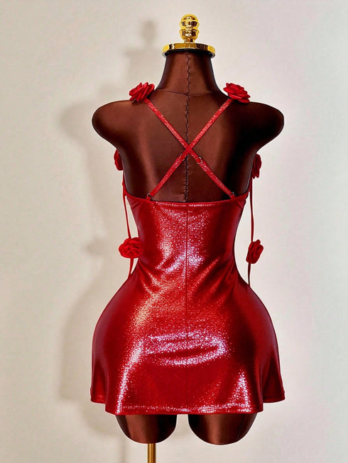 SHEIN Breezaya Women's Red Halter-Neck Party Dress,70s Sequined Backless Mini Skirt With 3D Rose Embellishments,Elegant Summer Wedding Guest Cocktail Gown