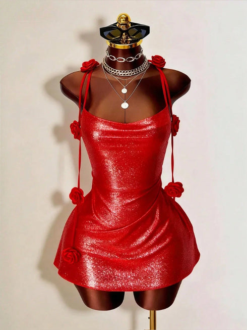 SHEIN Breezaya Women's Red Halter-Neck Party Dress,70s Sequined Backless Mini Skirt With 3D Rose Embellishments,Elegant Summer Wedding Guest Cocktail Gown