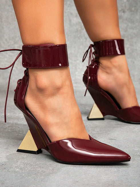 SHEIN CUCCOO SZL Pointed Toe Asymmetrical Heels Burgundy Women's High Heels, Badgirl Night Outfit, Street Style Sexy Party Date Spring Shoes Spring Break Easter Prom Heels For Christmas Spring Shoes