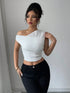 SHEIN Asymmetrical Shoulder Twist Detail Fitted White Blouse
