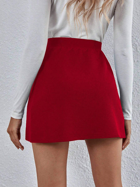 SHEIN Calvaya Autumn Elegant Solid Color Button Decor Split Hem Skirt