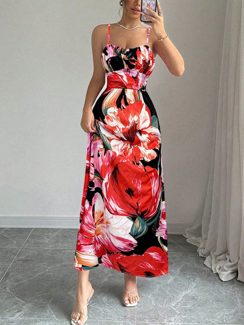 SHEIN Flower Print Slim Fit Spaghetti Strap Dress