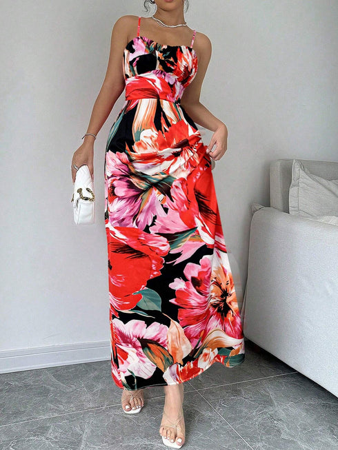 SHEIN Flower Print Slim Fit Spaghetti Strap Dress