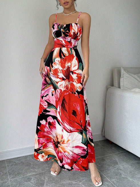 SHEIN Flower Print Slim Fit Spaghetti Strap Dress