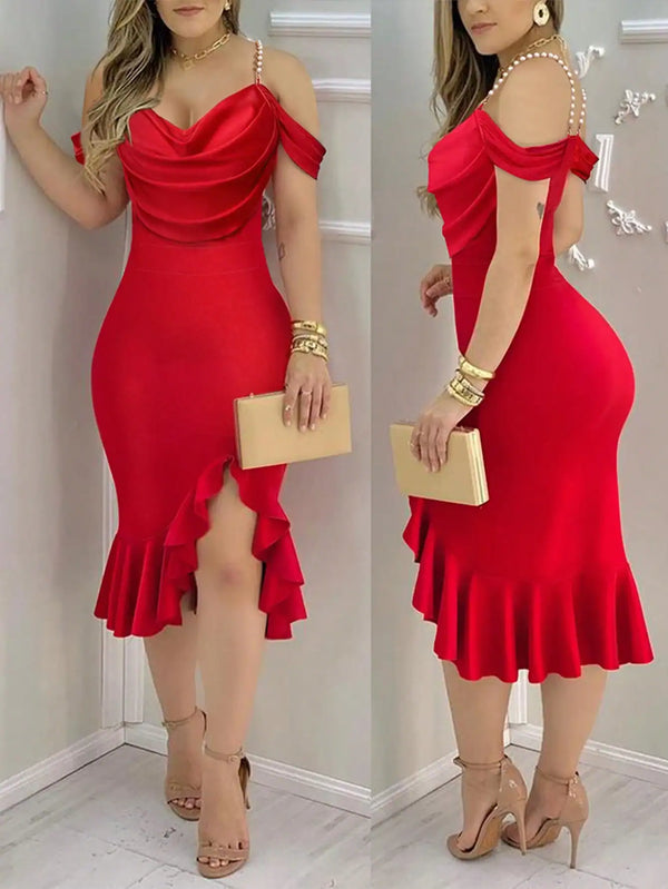 SHEIN ChicMe Cold Shoulder Pearl Strap Ruffle Hem Slit Bodycon Midi Dress Elegant Party Evening Party Dresses
