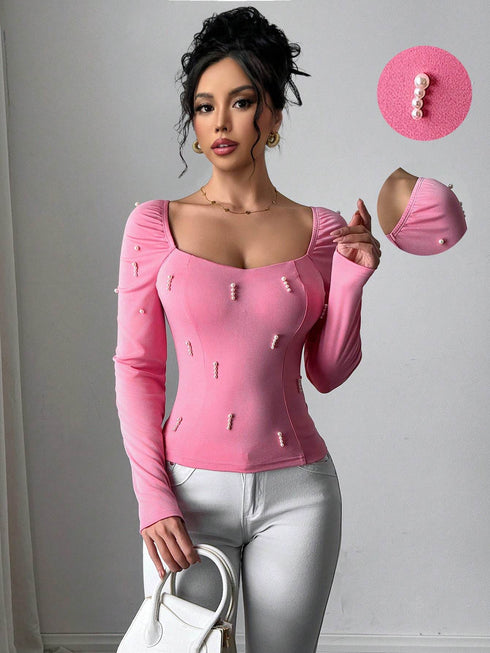 SHEIN Luxury Embellished Sweetheart Neck Long Sleeve T-Shirt