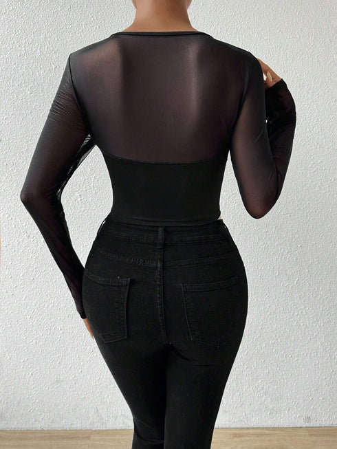 SHEIN Chiquease Mesh Contrast Slim Lace-Up Crop Top With Long Sleeve Fall Cloth For Women