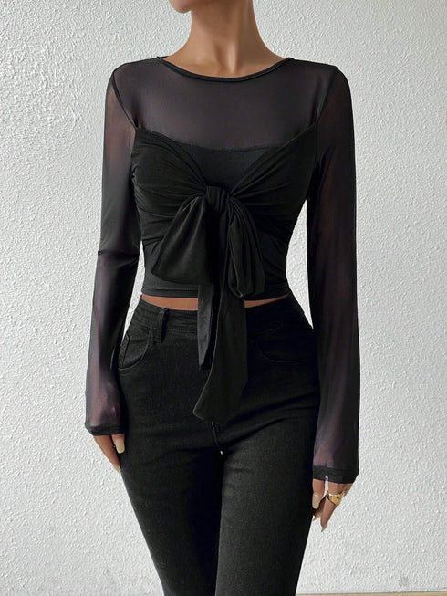 SHEIN Chiquease Mesh Contrast Slim Lace-Up Crop Top With Long Sleeve Fall Cloth For Women