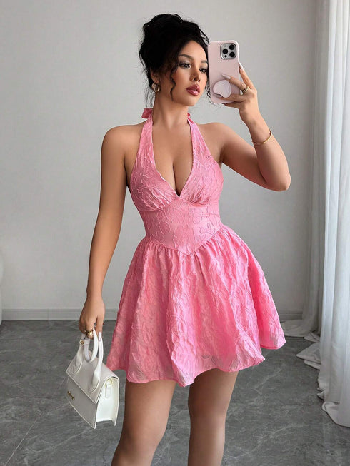 SHEIN Chiquease V-Neck Halter Fitted Textured Floral Print Short Dress