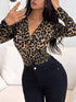 SHEIN Chiquease Women V-Neck Long Sleeve Leopard Print & Twist Bust Gathering T-Shirt