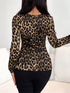 SHEIN Chiquease Women V-Neck Long Sleeve Leopard Print & Twist Bust Gathering T-Shirt