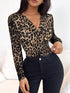 SHEIN Chiquease Women V-Neck Long Sleeve Leopard Print & Twist Bust Gathering T-Shirt