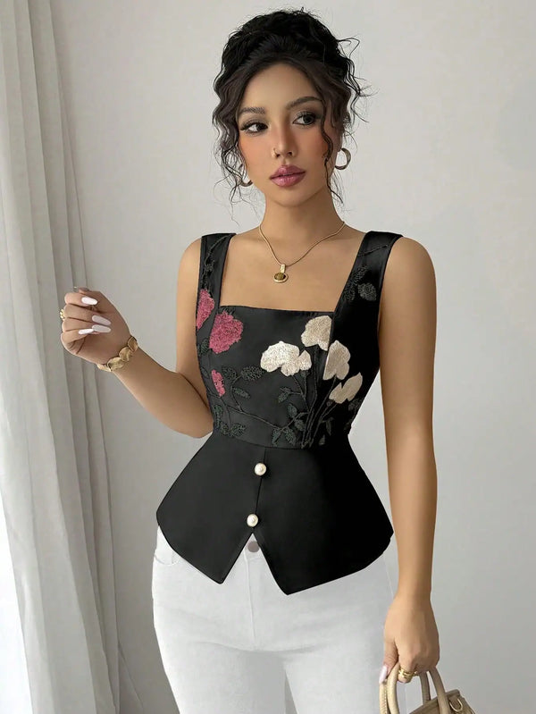 SHEIN Chiquease Women's Summer Elegant Floral Embroidered Sleeveless Blouse