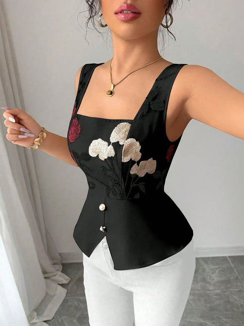 SHEIN Chiquease Women's Summer Elegant Floral Embroidered Sleeveless Blouse