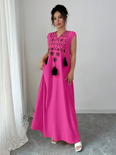 SHEIN Chiquease Women's V-Neck Embroidered Graphic Retro Print Tassel Trim Loose A-Line Maxi Dress